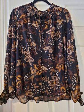 Women's Floral Tie-Neck Blouse - Black with Brown & Gold Floral Print